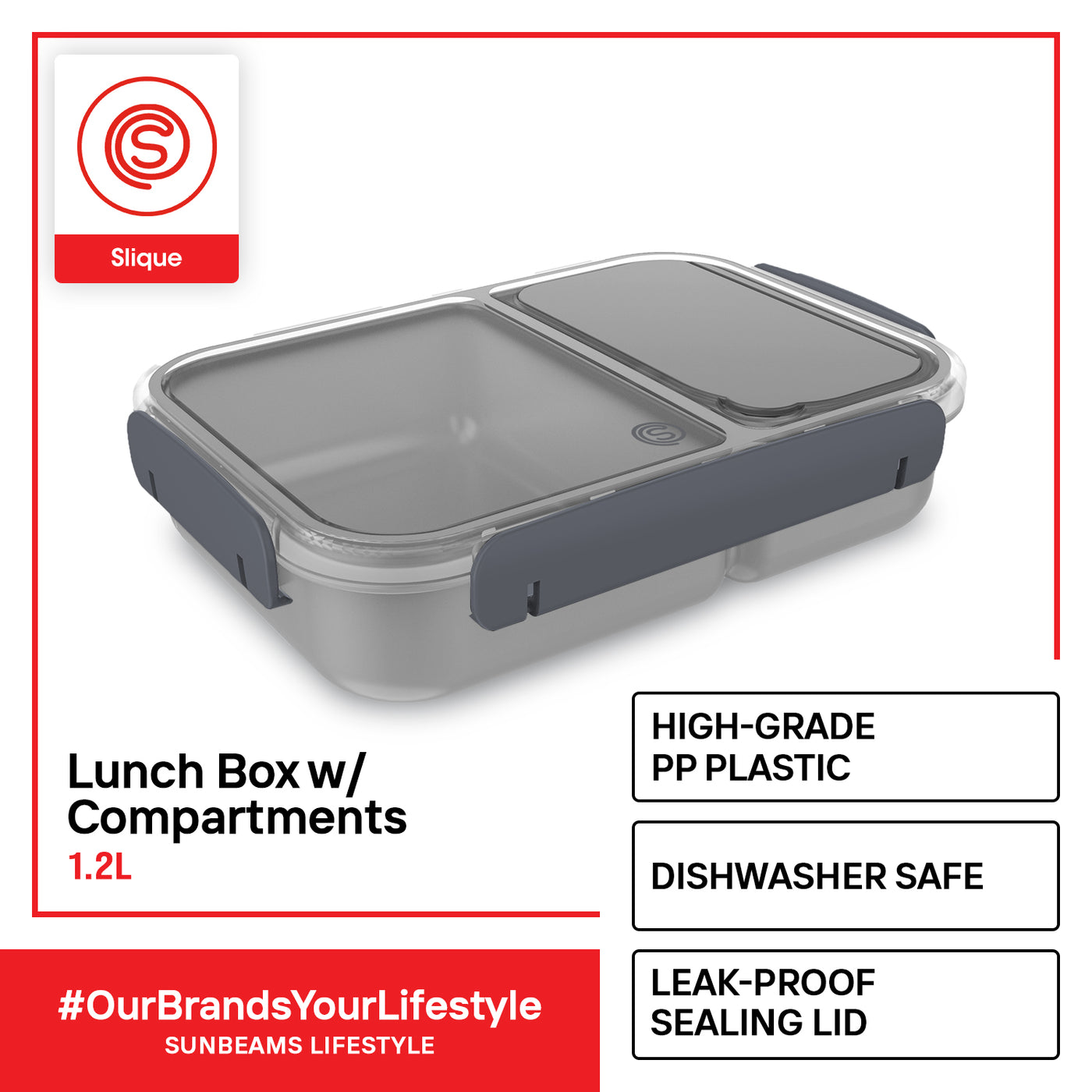 SLIQUE Premium Lunch Box w/ Compartments 1200ml|1.2L BPA Free Airtight Microwave Safe Amazing Gift Idea For Any Occasion! (Dark Gray)