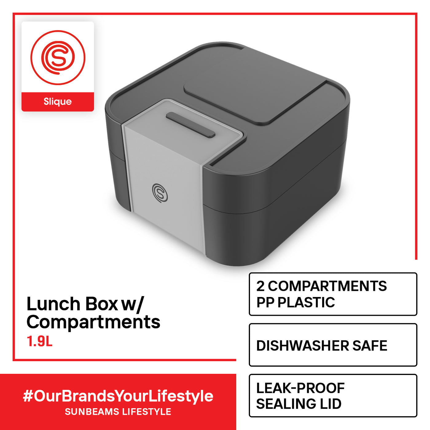 SLIQUE Premium Lunch Box w/ Compartments 1900ml|1.9L BPA Free  Amazing Gift Idea For Any Occasion! (Black)