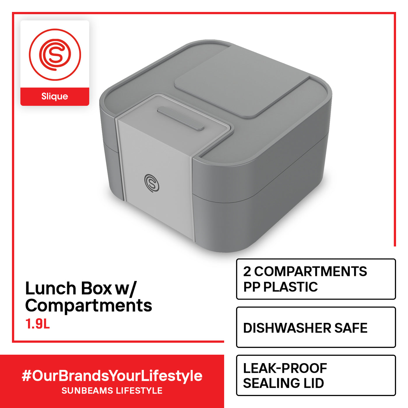 SLIQUE Premium Lunch Box w/ Compartments 1900ml|1.9L BPA Free  Amazing Gift Idea For Any Occasion! (Gray)