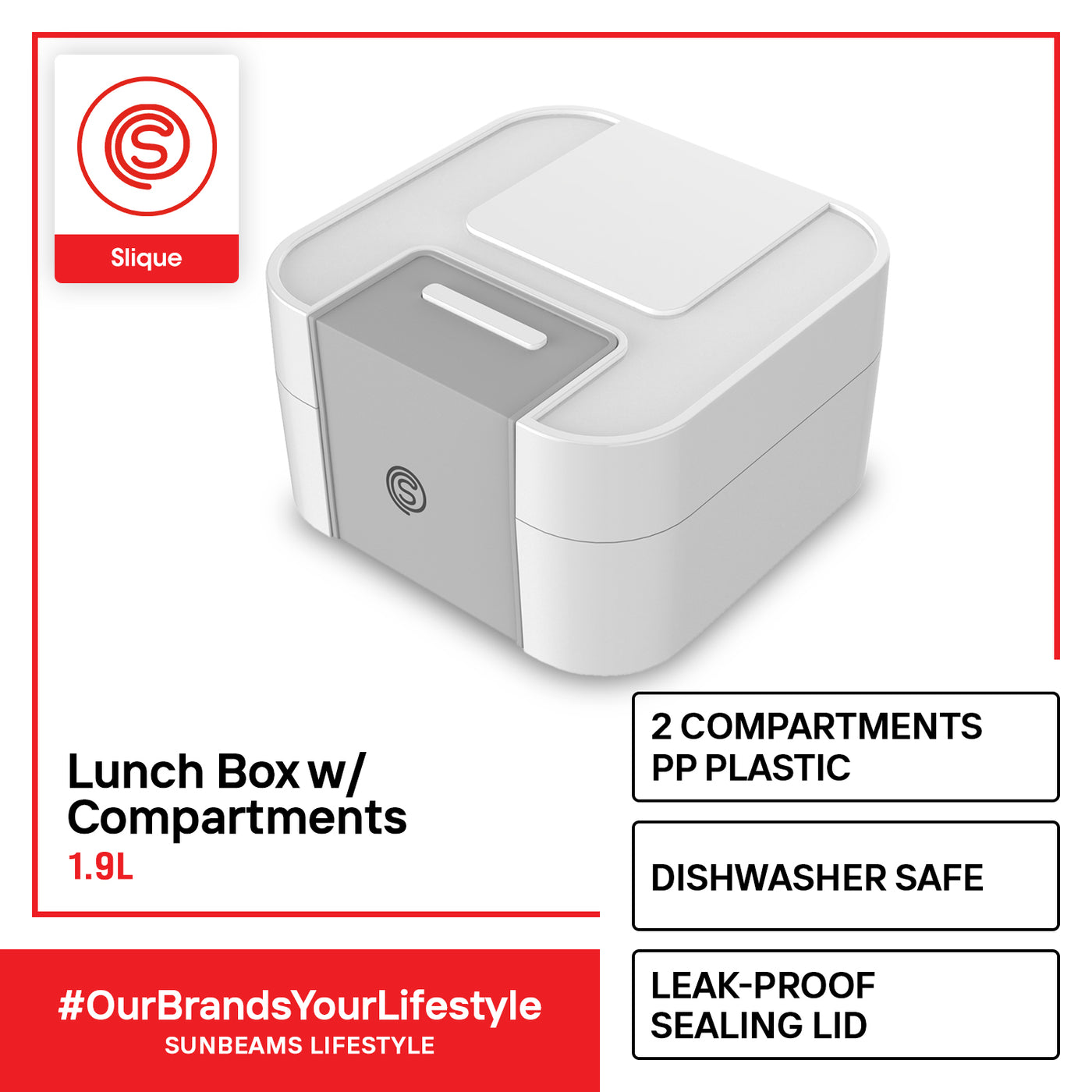 SLIQUE Premium Lunch Box w/ Compartments 1900ml|1.9L BPA Free  Amazing Gift Idea For Any Occasion! (White)