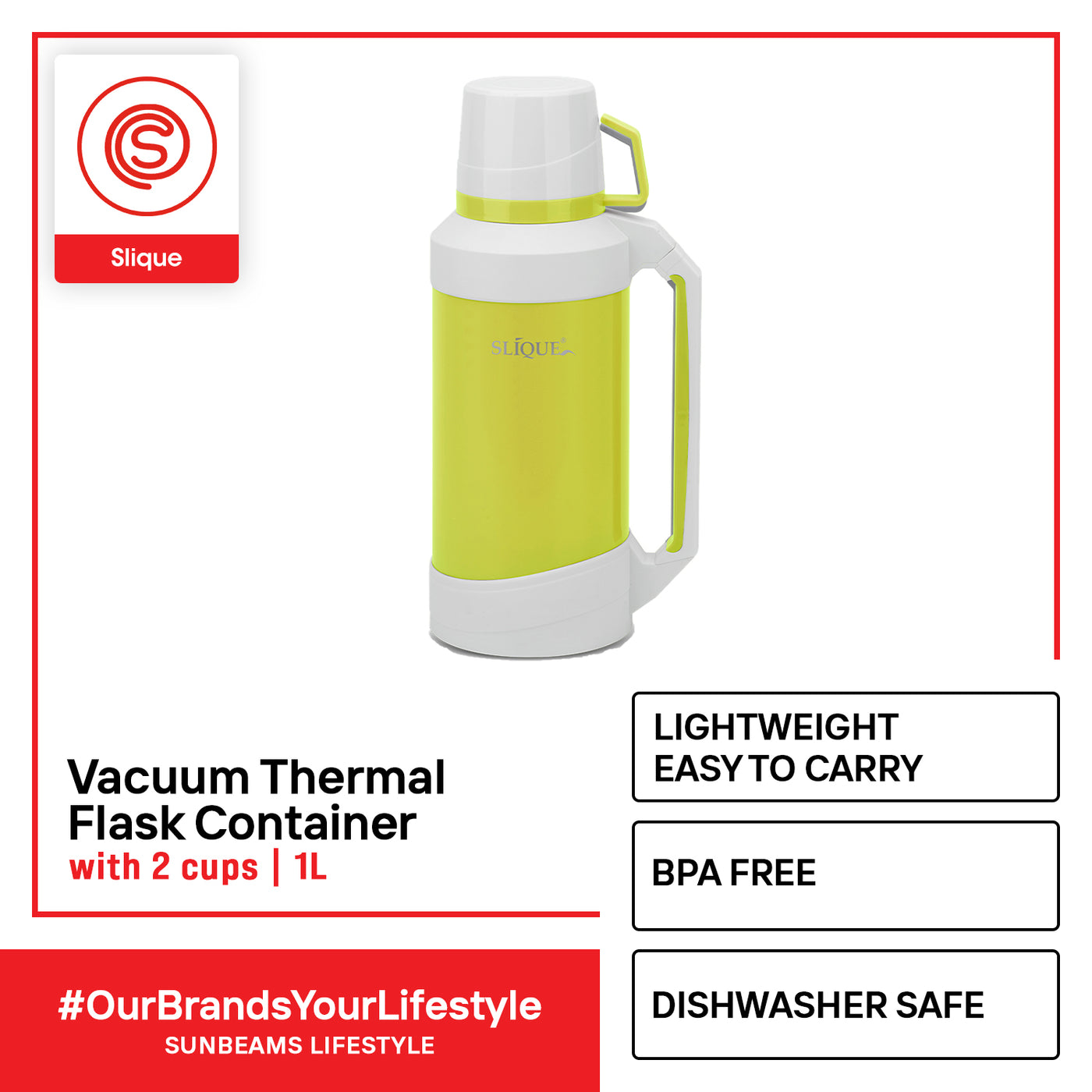 SLIQUE Premium Vacuum Thermal Flask Container with 2 cups 1000ml Amazing Gift Idea For Any Occasion! (Green)