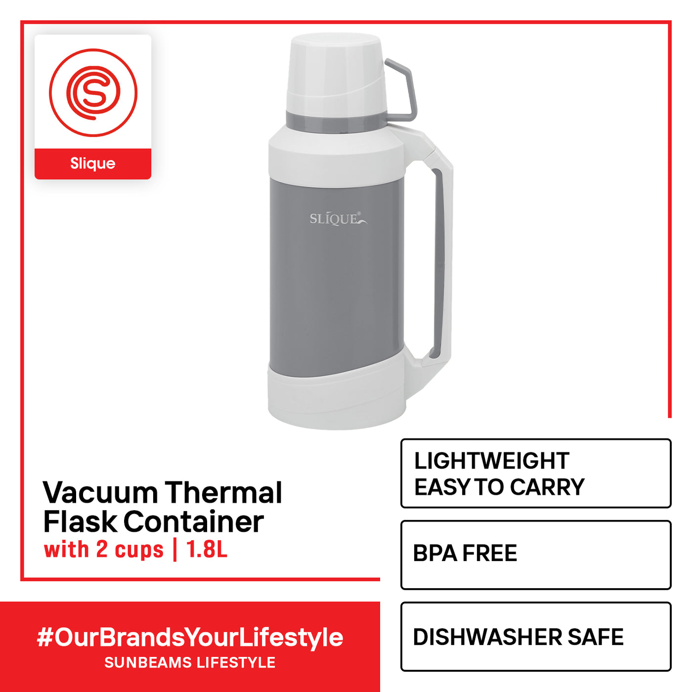 SLIQUE Premium Vacuum Thermal Flask Container with 2 cups BPA Free & Food Safe 1800ml Modern Italian Design Amazing Gift Idea For Any Occasion! (Gray)