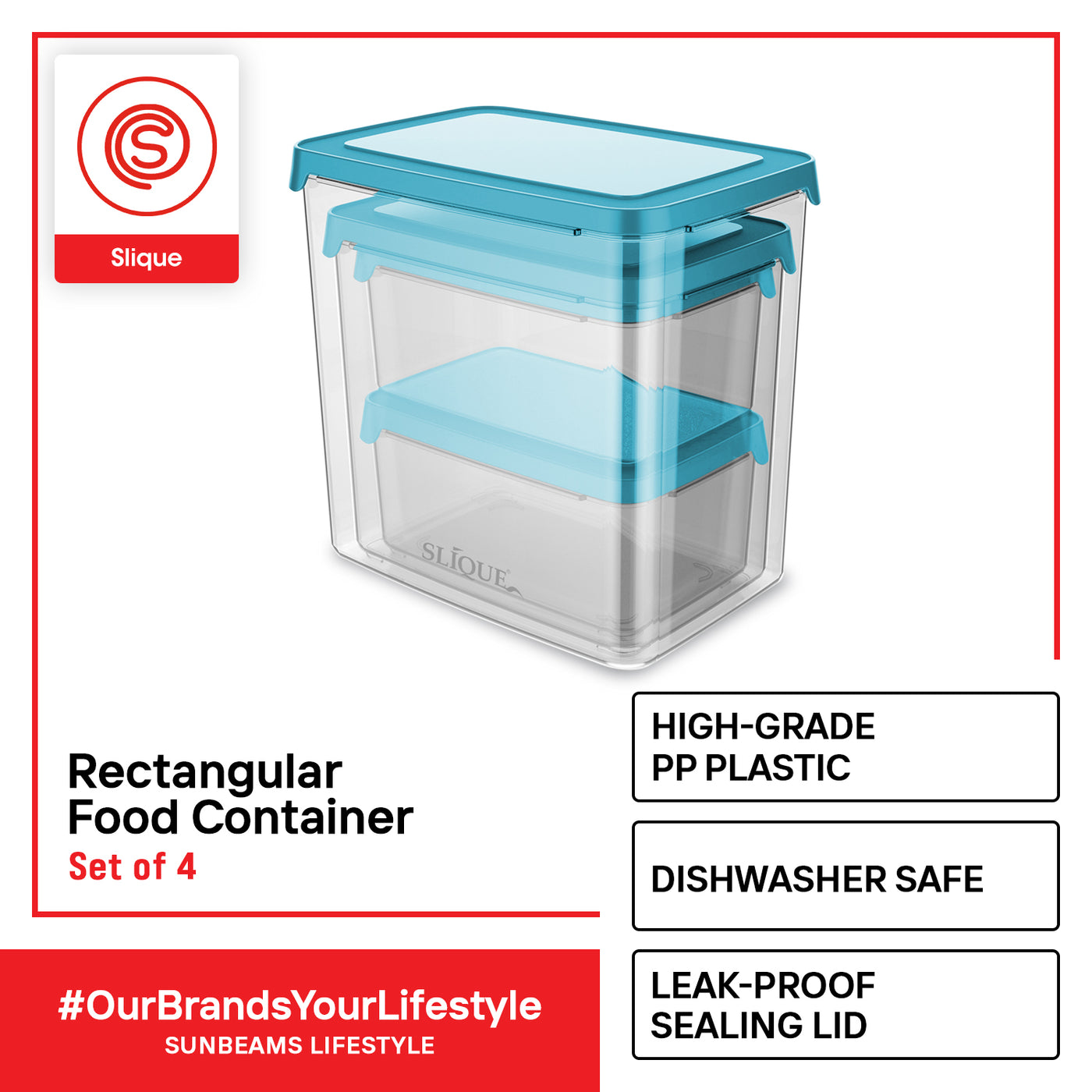 SLIQUE Premium Rectangular Food Container Set of 4 Amazing Gift Idea For Any Occasion! (Aqua Green)