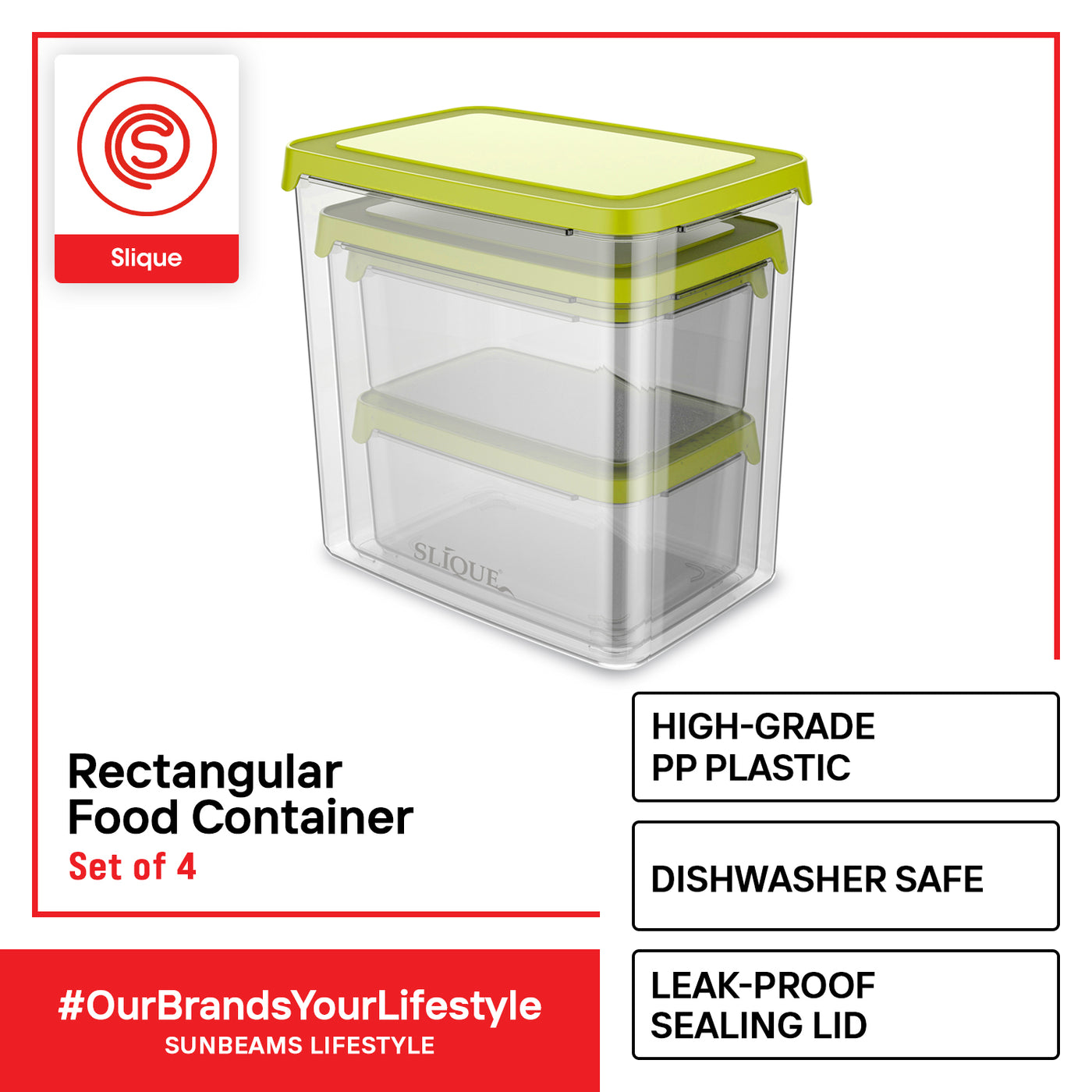 SLIQUE Premium Rectangular Food Container Set of 4 Amazing Gift Idea For Any Occasion! (Green)