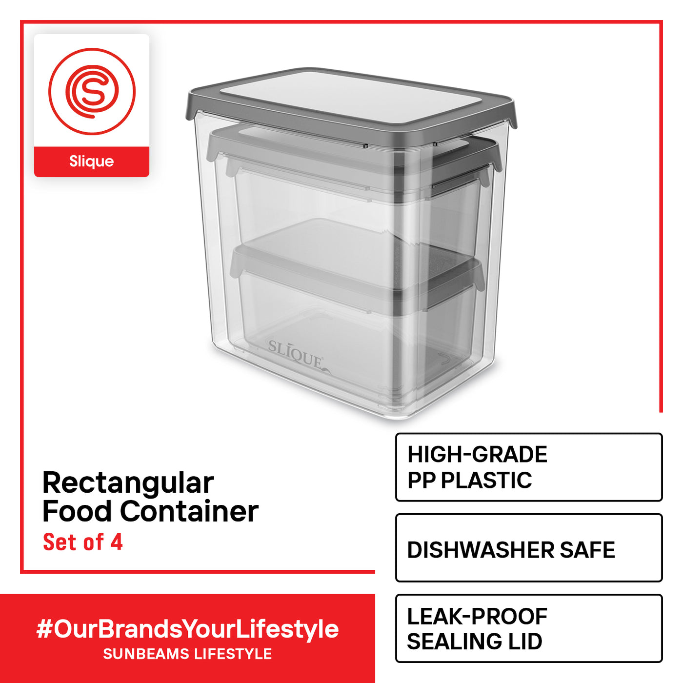 SLIQUE Premium Rectangular Food Container Set of 4 Amazing Gift Idea For Any Occasion! (Grey)