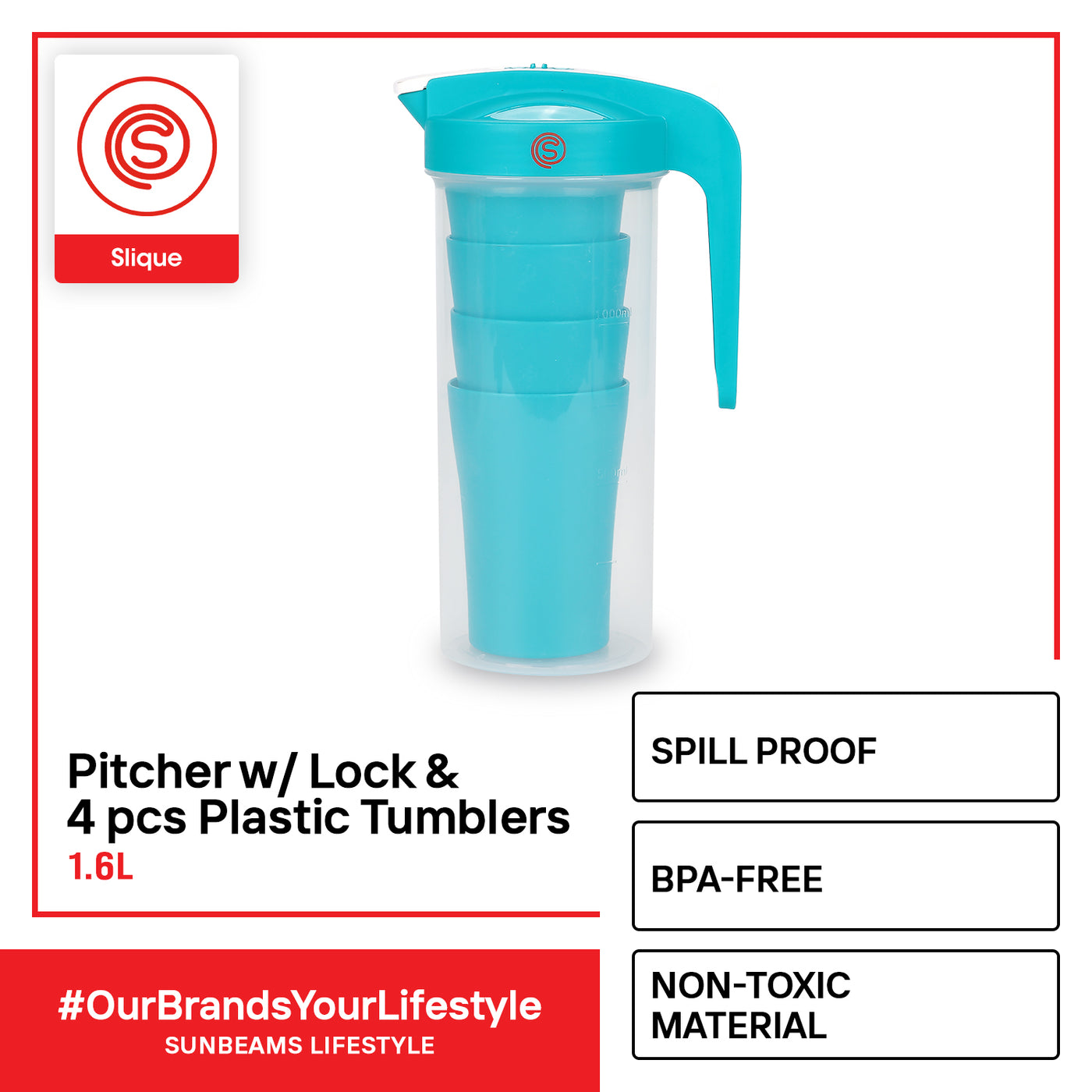 SLIQUE Premium Pitcher 1600 ml | 1.6 L w/ Lock & 4 Plastic Tumblers Set BPA Free Amazing Gift Idea For Any Occasion! (Aqua Green)