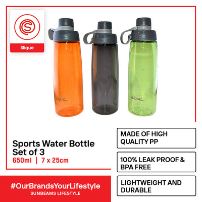 SLIQUE PP Sports Water Bottle BPA Free Set of 3 650ml Modern Italian Design Amazing Gift Idea For Any Occasion!