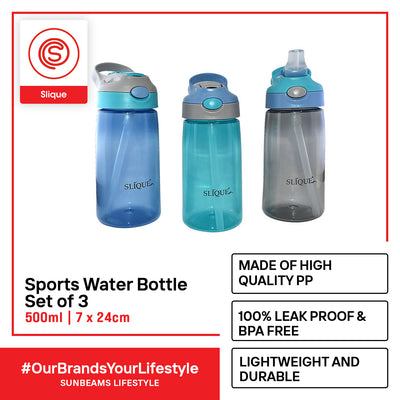 SLIQUE PP Sports Water Bottle BPA Free Set of 3 500ml | 0.5L  Modern Italian Design Amazing Gift Idea For Any Occasion! (Boy)