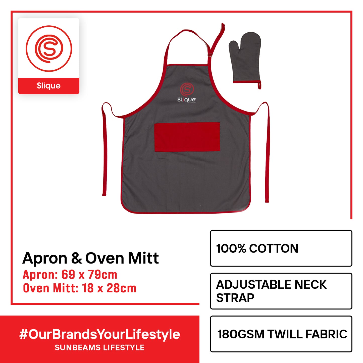 SLIQUE Premium Apron with Oven Mitt 100% Cotton 180gsm