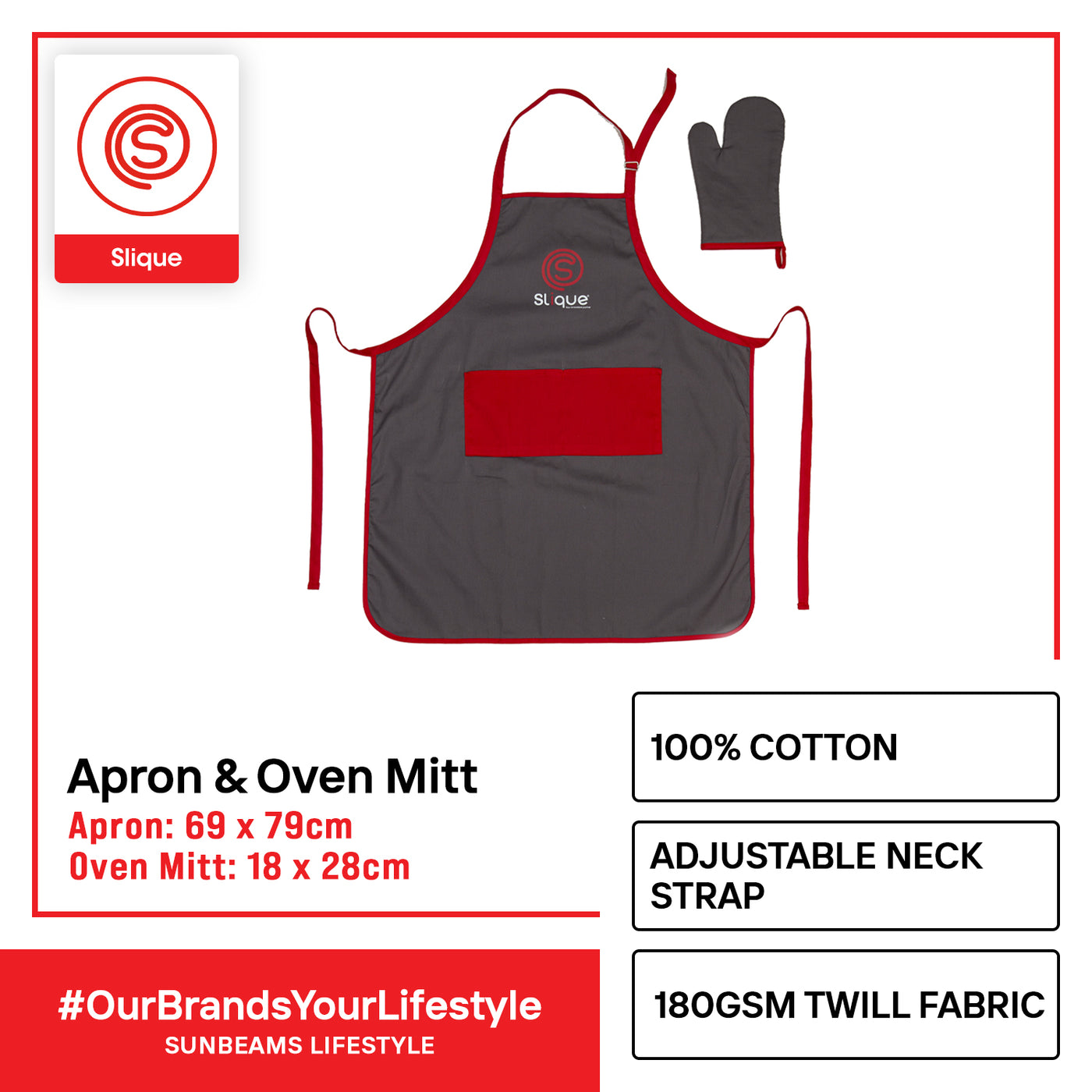 SLIQUE Premium Apron with Oven Mitt 100% Cotton 180gsm