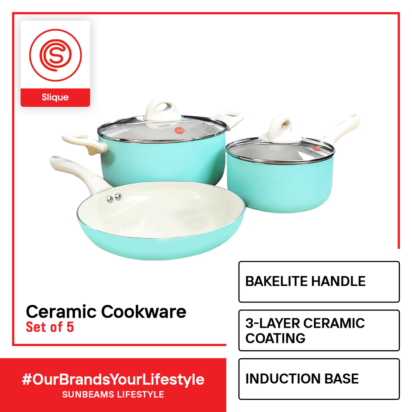 SLIQUE Ceramic Cookware Premium Multi Layer Ceramic Coating Induction Base Set of 5 Amazing Gift Idea For Any Occasion!