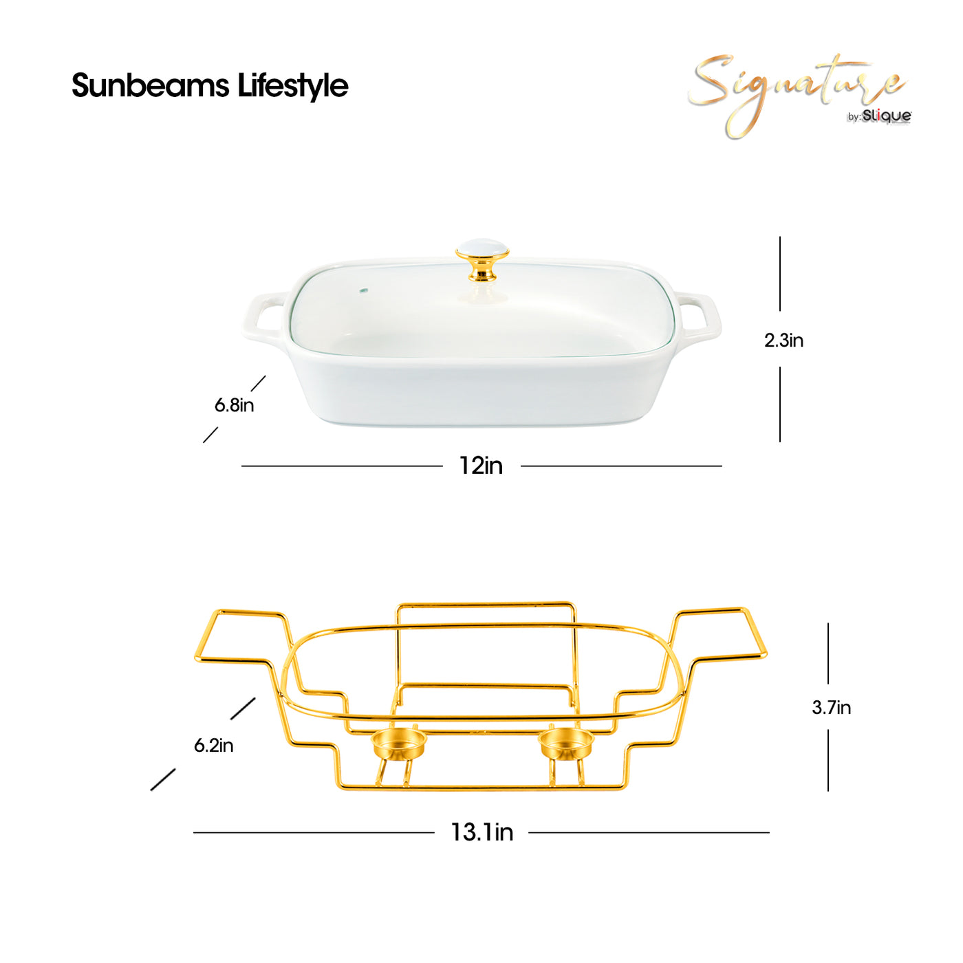 SLIQUE Casserole Serving Dish Rectangle - Signature Porcelain Collection Gold Stand with 2 Candle Burner | Stain Resistant | Lead Free | Microwave & Oven Safe | Freezer & Dishwasher Safe