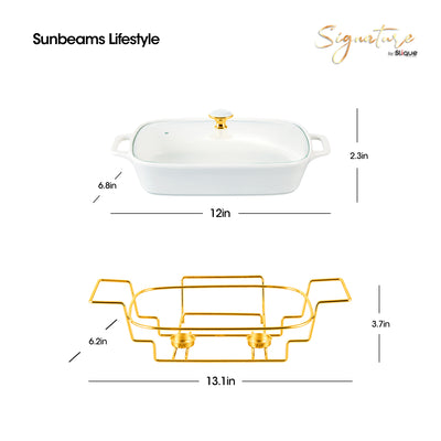 SLIQUE Casserole Serving Dish Rectangle - Signature Porcelain Collection Gold Stand with 2 Candle Burner | Stain Resistant | Lead Free | Microwave & Oven Safe | Freezer & Dishwasher Safe