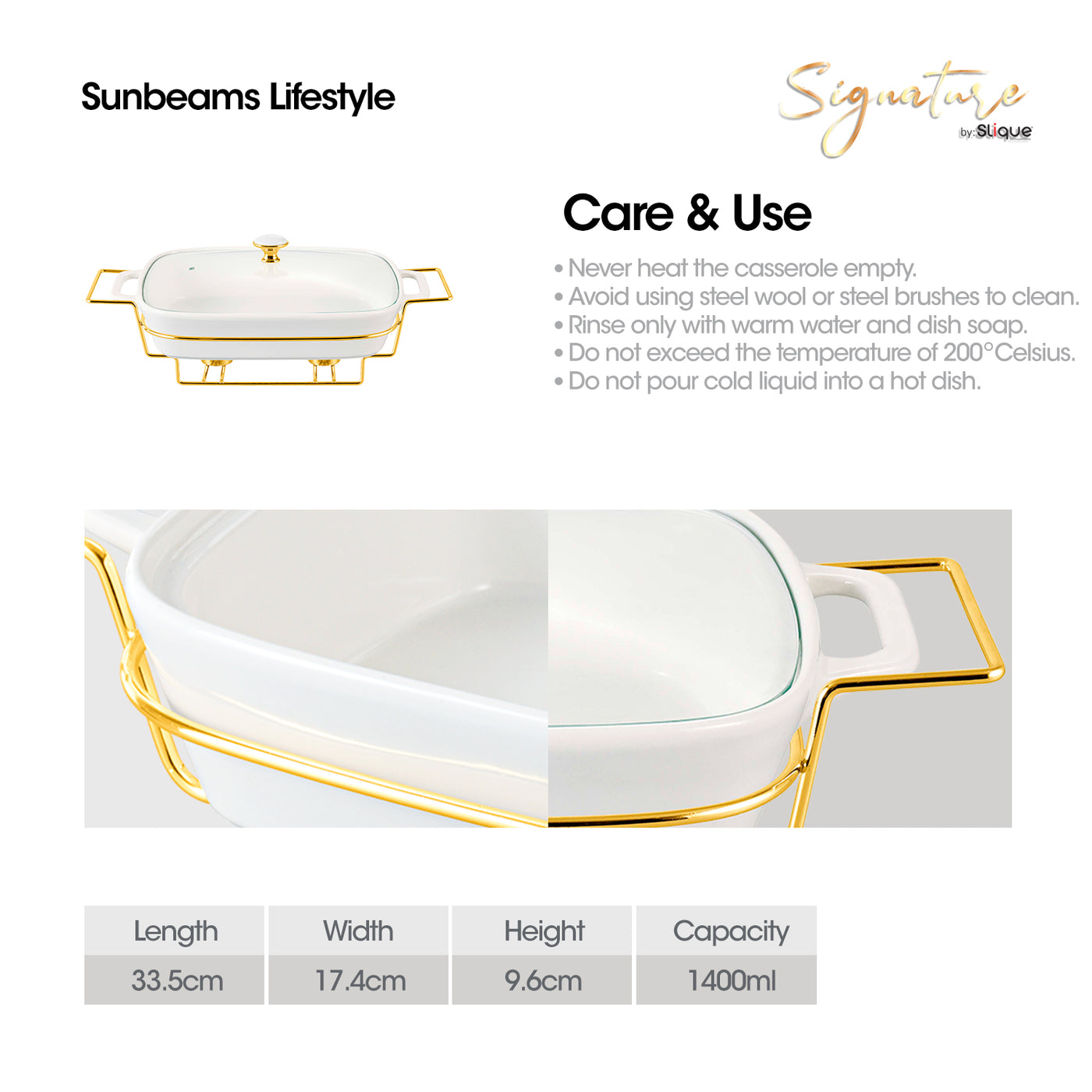 SLIQUE Casserole Serving Dish Rectangle - Signature Porcelain Collection Gold Stand with 2 Candle Burner | Stain Resistant | Lead Free | Microwave & Oven Safe | Freezer & Dishwasher Safe