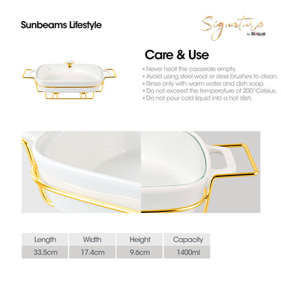 SLIQUE Casserole Serving Dish Rectangle - Signature Porcelain Collection Gold Stand with 2 Candle Burner | Stain Resistant | Lead Free | Microwave & Oven Safe | Freezer & Dishwasher Safe