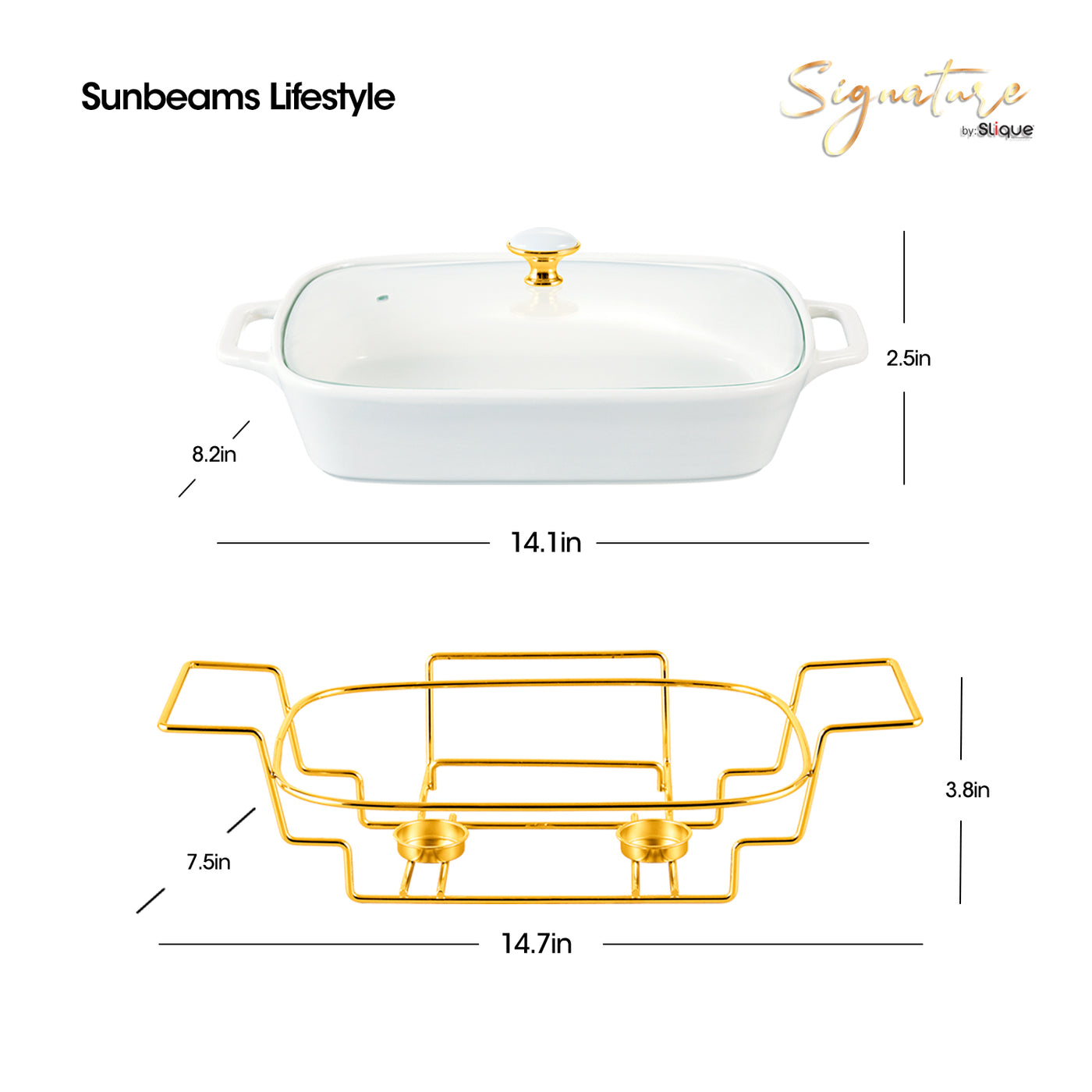 SLIQUE Casserole Serving Dish Rectangle - Signature Porcelain Collection Gold Stand with 2 Candle Burner