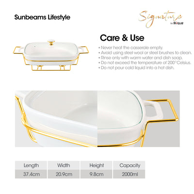 SLIQUE Casserole Serving Dish Rectangle - Signature Porcelain Collection Gold Stand with 2 Candle Burner | Stain Resistant | Lead Free | Microwave & Oven Safe | Freezer & Dishwasher Safe