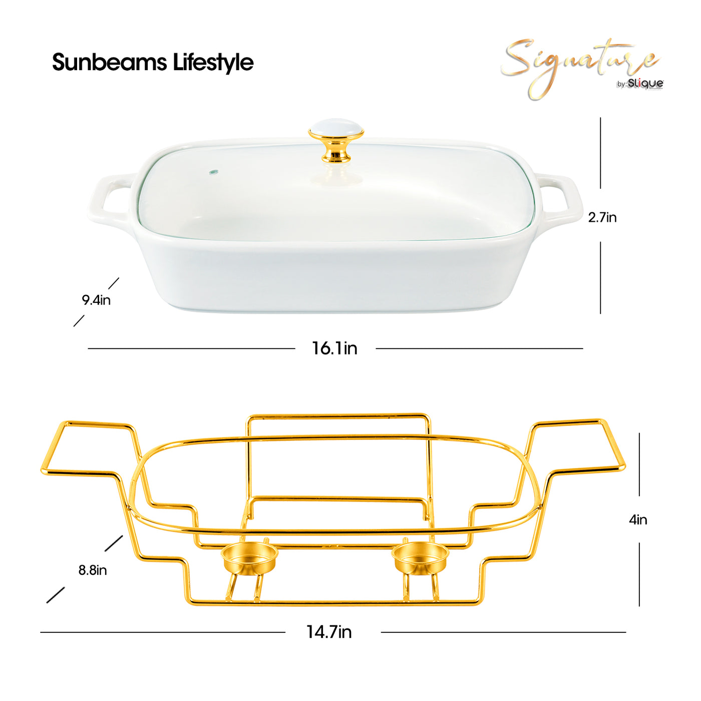 SLIQUE Casserole Serving Dish Rectangle - Signature Porcelain Collection Gold Stand with 2 Candle Burner | Stain Resistant | Lead Free | Microwave & Oven Safe | Freezer & Dishwasher Safe