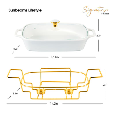 SLIQUE Casserole Serving Dish Rectangle - Signature Porcelain Collection Gold Stand with 2 Candle Burner | Stain Resistant | Lead Free | Microwave & Oven Safe | Freezer & Dishwasher Safe