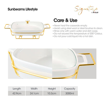SLIQUE Casserole Serving Dish Rectangle - Signature Porcelain Collection Gold Stand with 2 Candle Burner | Stain Resistant | Lead Free | Microwave & Oven Safe | Freezer & Dishwasher Safe