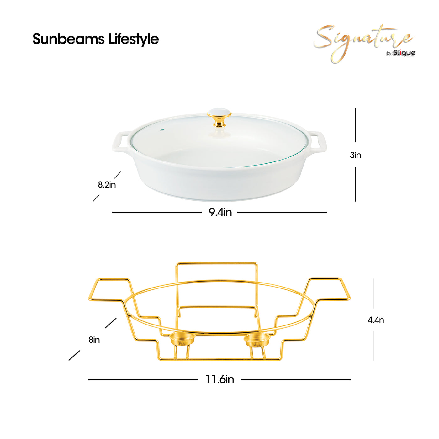 SLIQUE Casserole Serving Dish Oval - Signature Porcelain Collection Gold Stand with 2 Candle Burner | Stain Resistant | Lead Free | Microwave & Oven Safe | Freezer & Dishwasher Safe