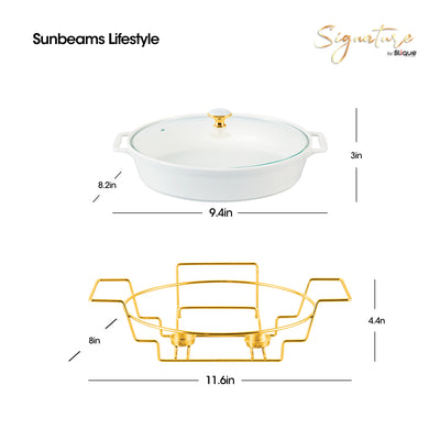 SLIQUE Casserole Serving Dish Oval - Signature Porcelain Collection Gold Stand with 2 Candle Burner | Stain Resistant | Lead Free | Microwave & Oven Safe | Freezer & Dishwasher Safe