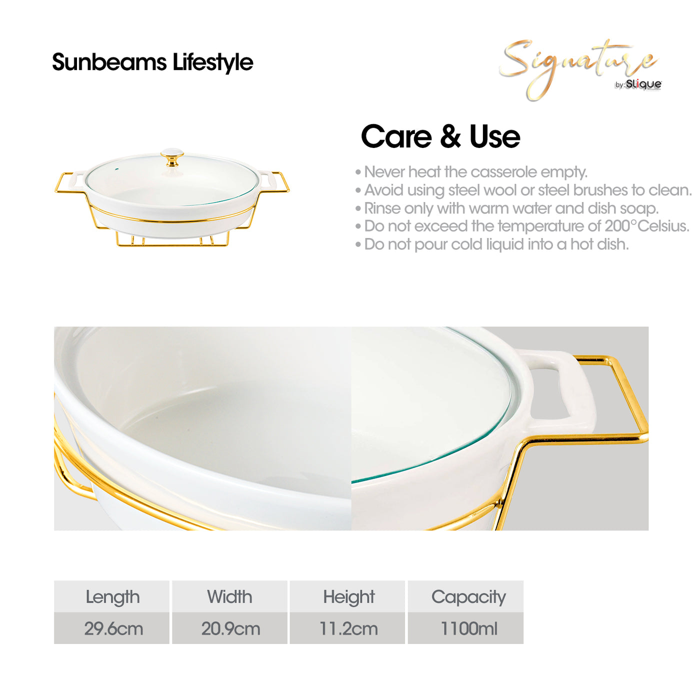 SLIQUE Casserole Serving Dish Oval - Signature Porcelain Collection Gold Stand with 2 Candle Burner