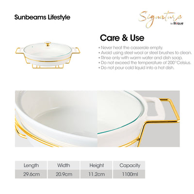 SLIQUE Casserole Serving Dish Oval - Signature Porcelain Collection Gold Stand with 2 Candle Burner | Stain Resistant | Lead Free | Microwave & Oven Safe | Freezer & Dishwasher Safe
