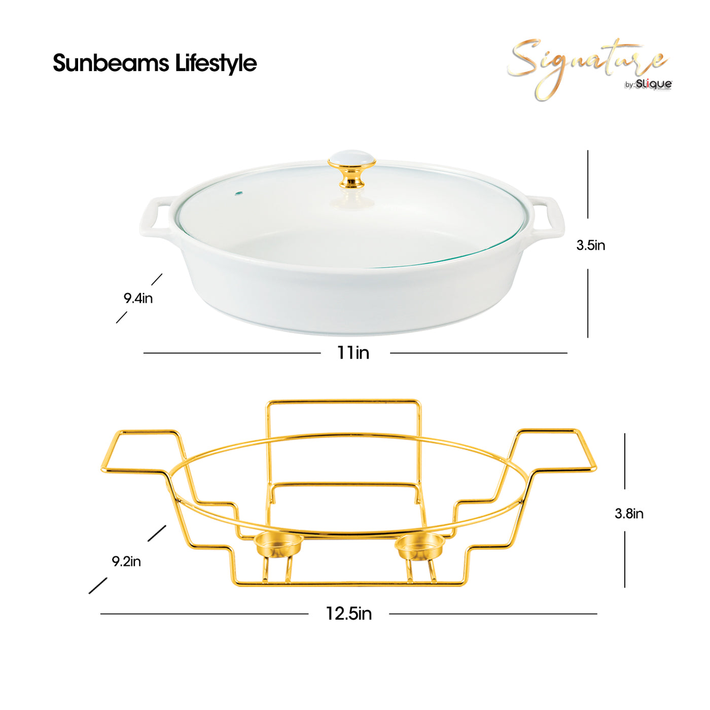 SLIQUE Casserole Serving Dish Oval - Signature Porcelain Collection Gold Stand with 2 Candle Burner | Stain Resistant | Lead Free | Microwave & Oven Safe | Freezer & Dishwasher Safe