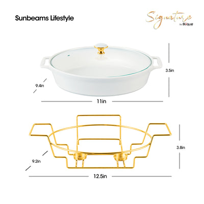SLIQUE Casserole Serving Dish Oval - Signature Porcelain Collection Gold Stand with 2 Candle Burner | Stain Resistant | Lead Free | Microwave & Oven Safe | Freezer & Dishwasher Safe