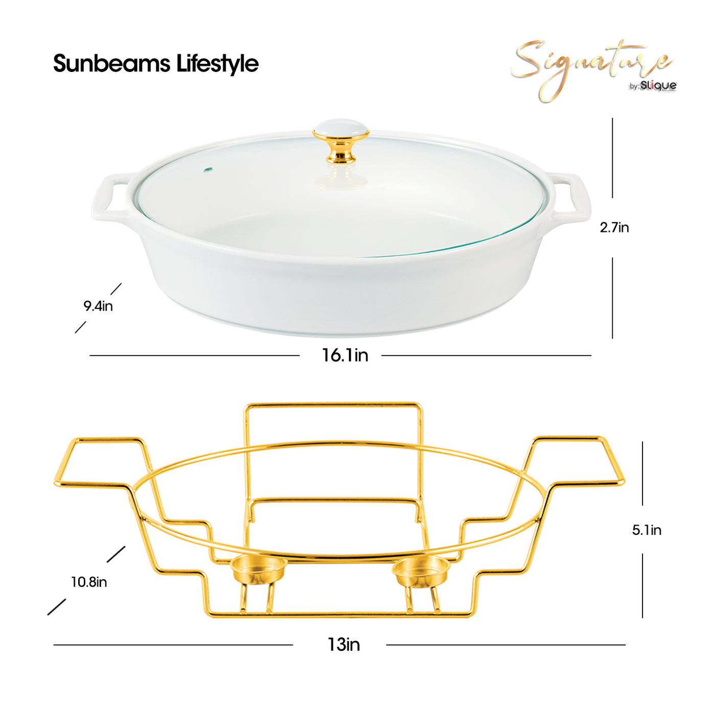 SLIQUE Casserole Serving Dish Oval - Signature Porcelain Collection Gold Stand with 2 Candle Burner | Stain Resistant | Lead Free | Microwave & Oven Safe | Freezer & Dishwasher Safe