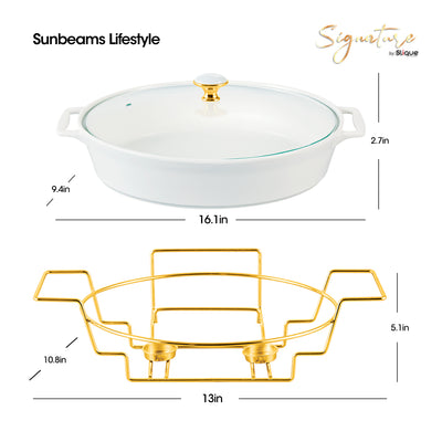 SLIQUE Casserole Serving Dish Oval - Signature Porcelain Collection Gold Stand with 2 Candle Burner | Stain Resistant | Lead Free | Microwave & Oven Safe | Freezer & Dishwasher Safe