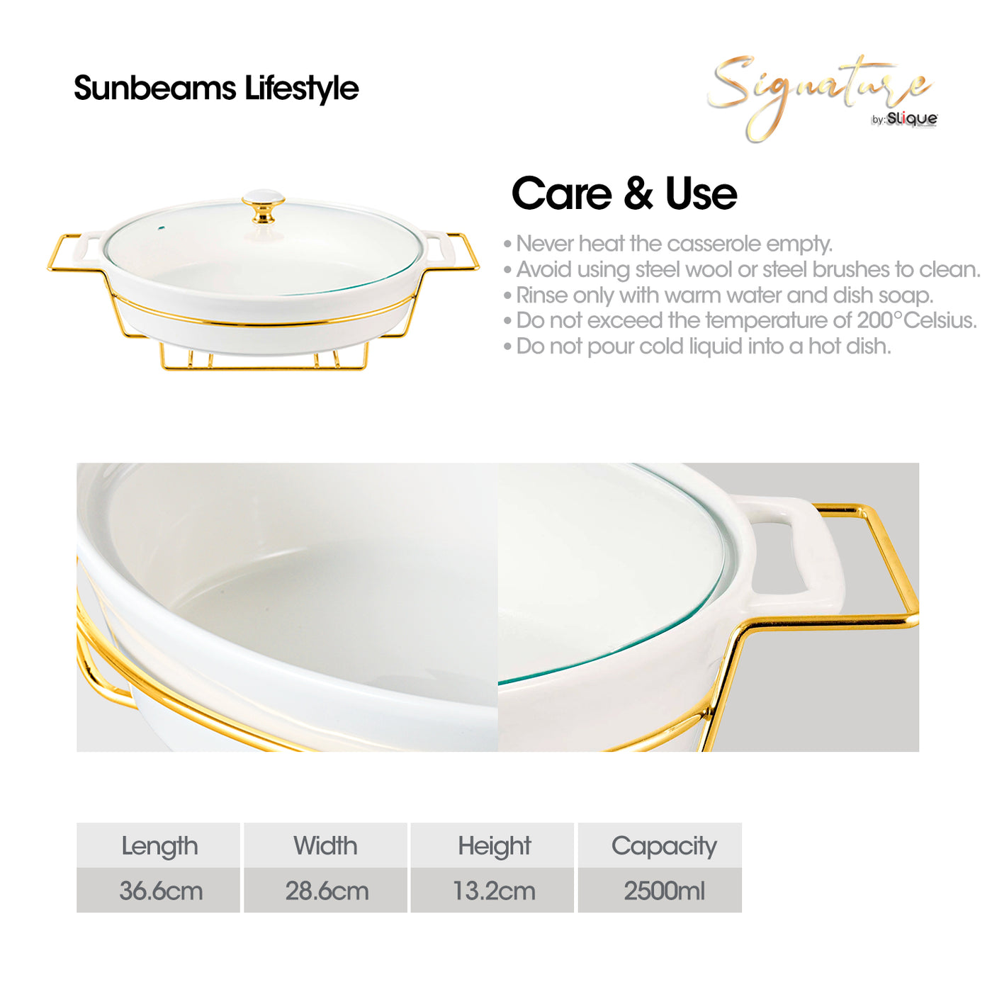 SLIQUE Casserole Serving Dish Oval - Signature Porcelain Collection Gold Stand with 2 Candle Burner | Stain Resistant | Lead Free | Microwave & Oven Safe | Freezer & Dishwasher Safe