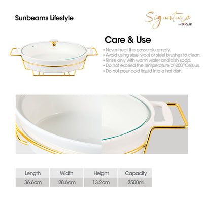 SLIQUE Casserole Serving Dish Oval - Signature Porcelain Collection Gold Stand with 2 Candle Burner | Stain Resistant | Lead Free | Microwave & Oven Safe | Freezer & Dishwasher Safe