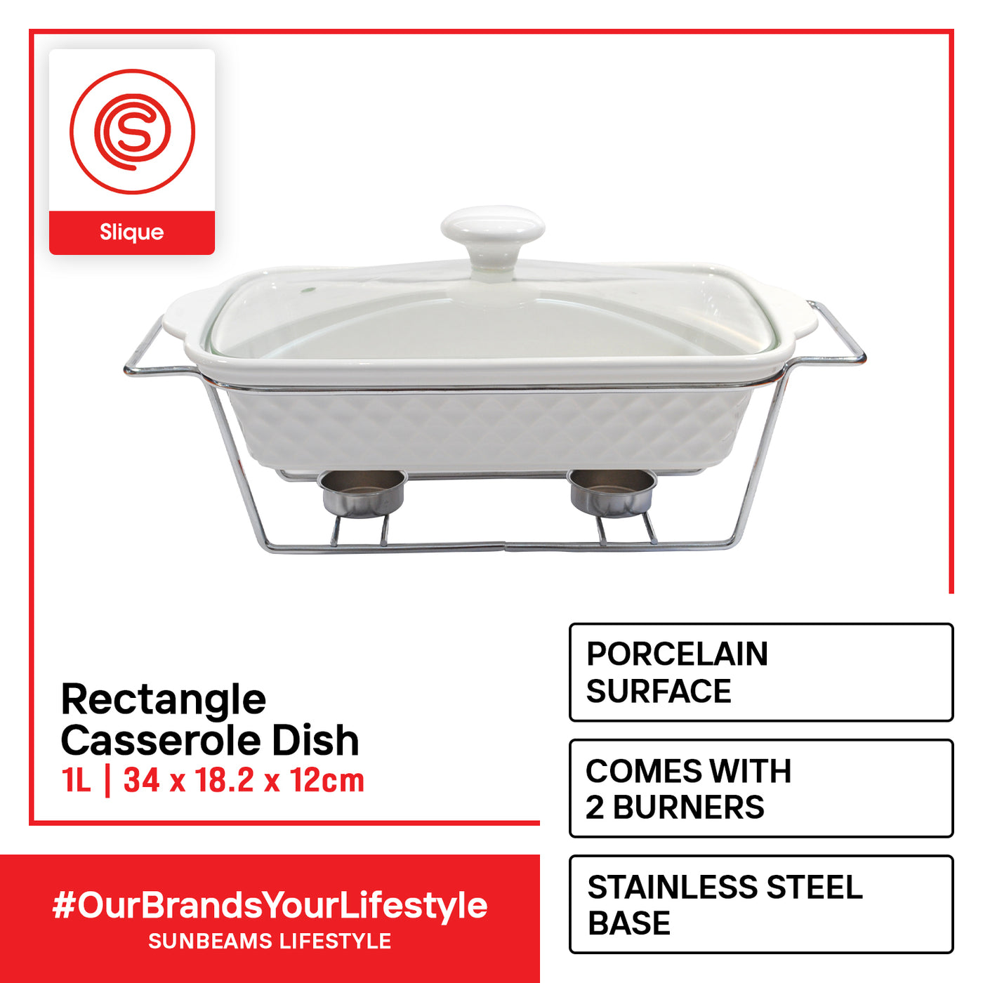 SLIQUE Premium Ceramic Rectangular Casserole Dish with Silver Plated Metal Tealight Candle Holder 1000ml Amazing Gift Idea For Any Occasion!