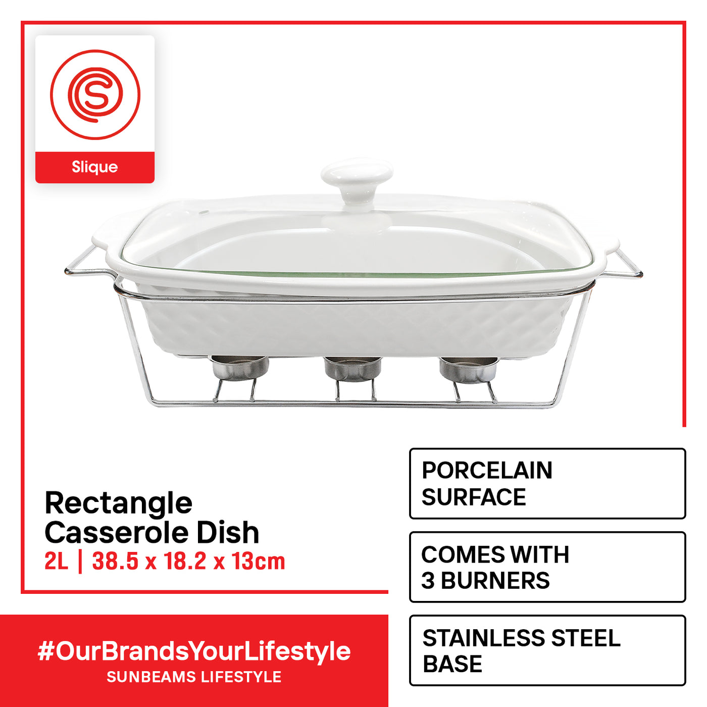 SLIQUE Premium Ceramic Rectangular Casserole Dish with Silver Plated Metal Tealight Candle Holder 2000ml Amazing Gift Idea For Any Occasion!