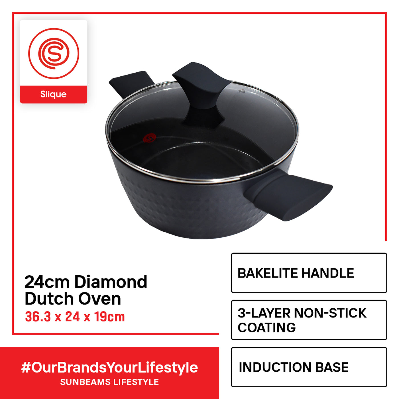 SLIQUE Premium Diamond Cookware Dutch Oven 2 Layer Non-stick Coating 24cm