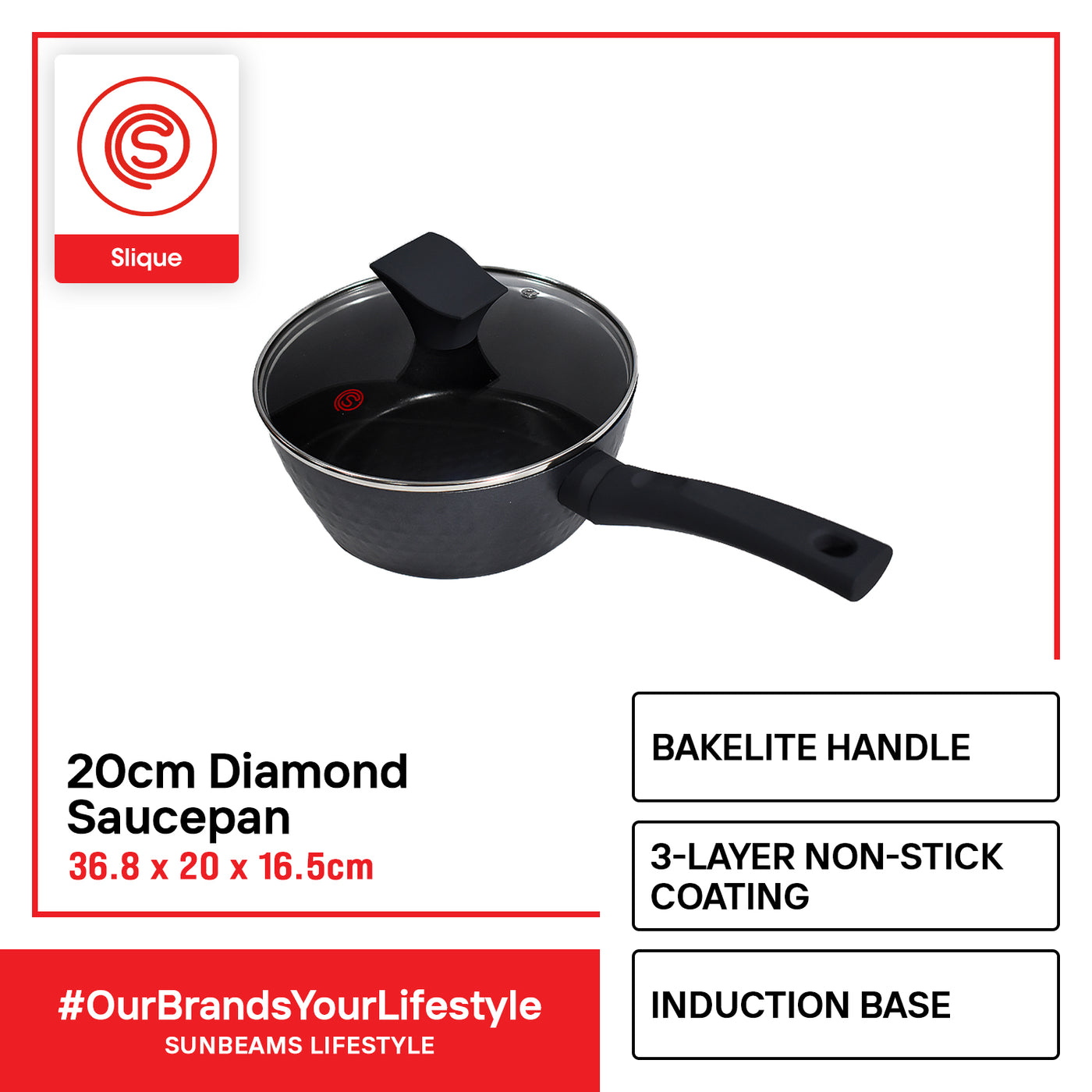 SLIQUE Premium Diamond Cookware Saucepan 2 Layer Non-stick Coating 20cm
