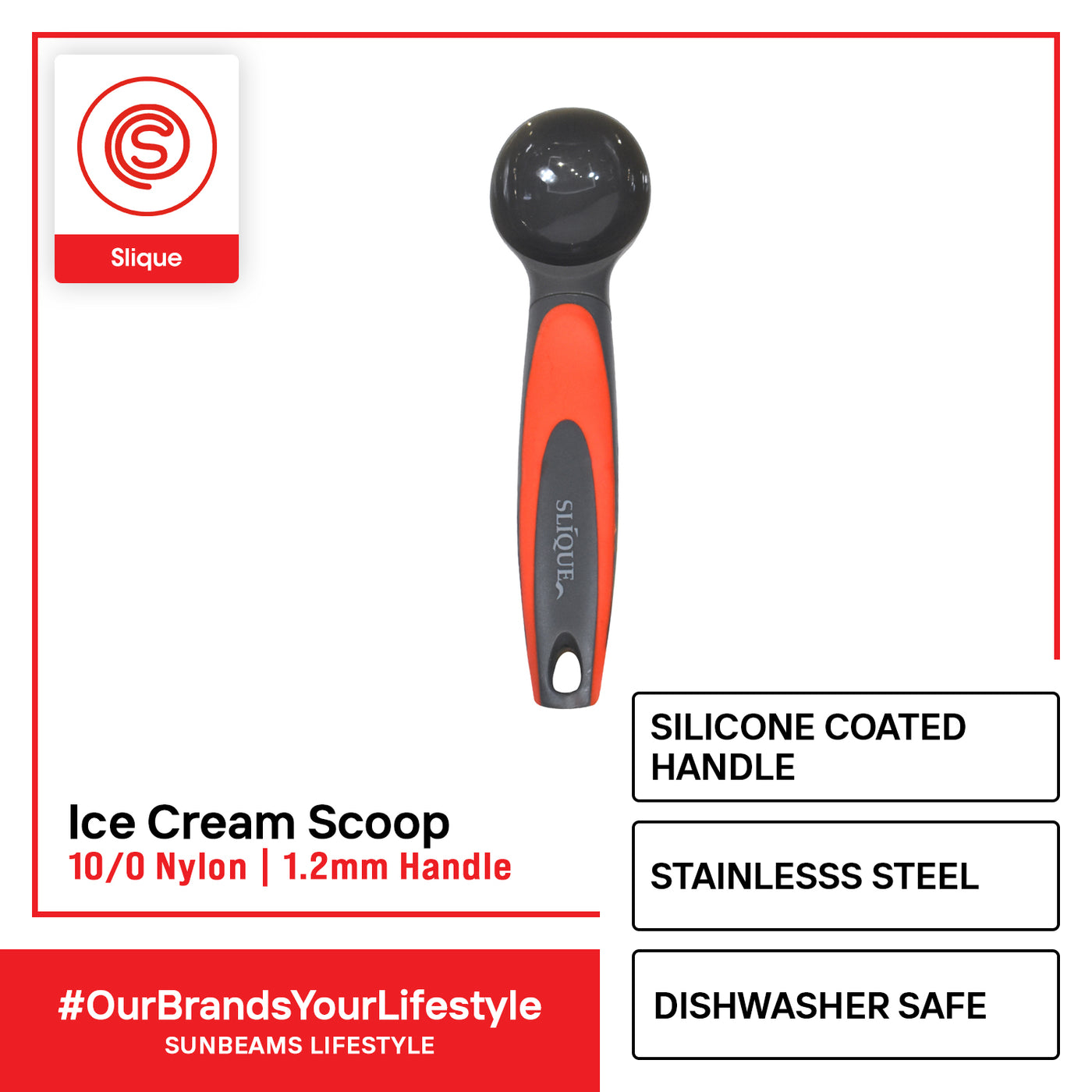 SLIQUE Premium Nylon Ice cream Scoop TPR Silicone Handle Kitchen Essentials Amazing Gift Idea For Any Occasion! (Red)