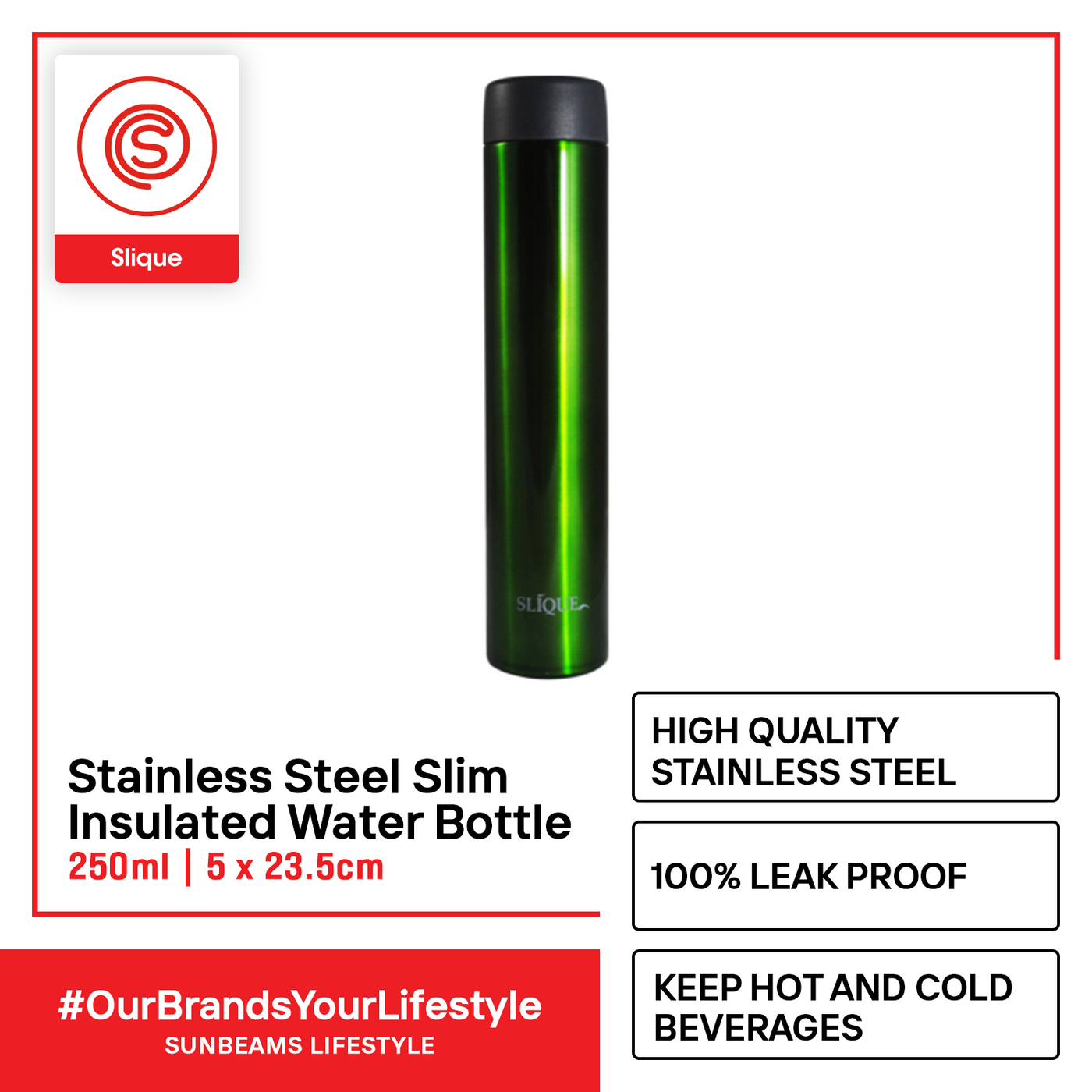 SLIQUE Stainless Steel Slim Insulated Water Bottle 250ml Modern Italian Design Amazing Gift Idea For Any Occasion! (Green)