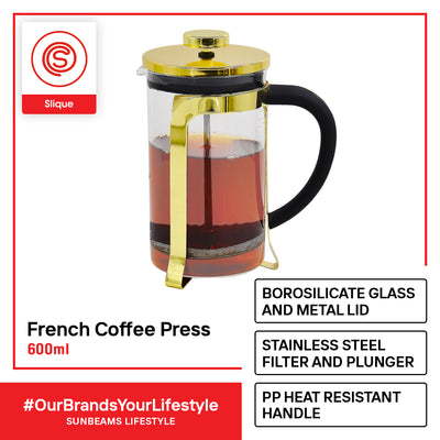 SLIQUE Premium Borosilicate Glass Copper French Coffee Press 600ml|0.6L Coffee Lovers Modern Italian Design Amazing Gift Idea For Any Occasion! (Gold)