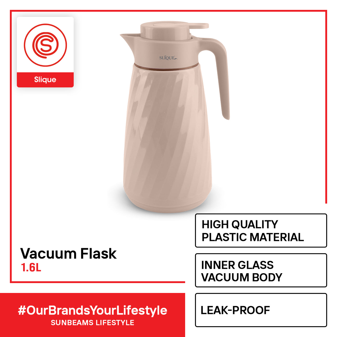 SLIQUE Premium Vacuum Flask 1600ml Modern Italian Design Amazing Gift Idea For Any Occasion! (Beige)