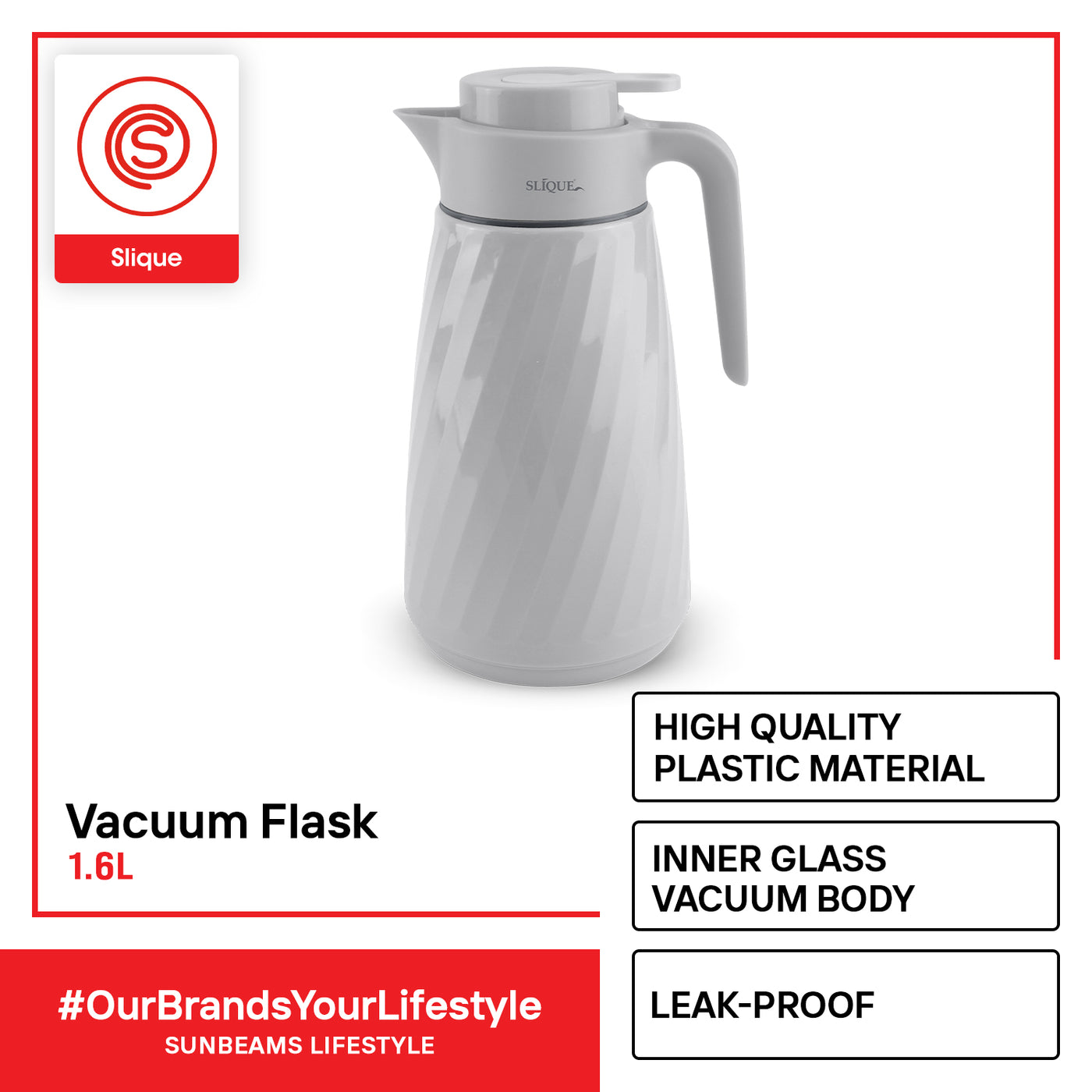 SLIQUE Premium Vacuum Flask Keep Water Cold upto 24hrs Hot upto 12hrs 1600ml 1.6L Modern Italian Design Amazing Gift Idea For Any Occasion! (Grey)