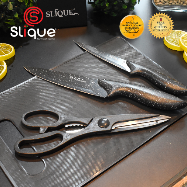 SLIQUE Premium Stainless Steel Non-Stick Kitchen Knife w/ Scissors Cutting Board Set of 4 (Black)