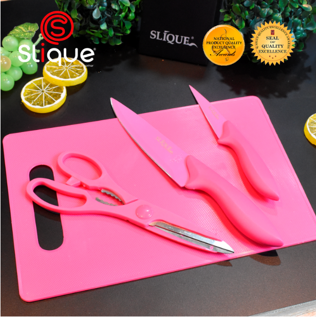 SLIQUE Premium Stainless Steel Non-Stick Kitchen Knife w/ Scissors Cutting Board Set of 5 Amazing Gift Idea For Any Occasion! (Pink)