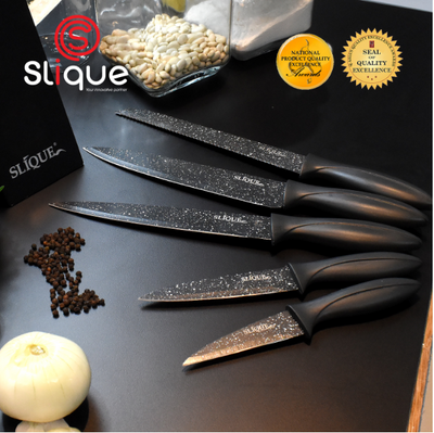 SLIQUE Premium Stainless Steel Non-Stick Kitchen Knife Set of 5 Amazing Gift Idea For Any Occasion! (Black)