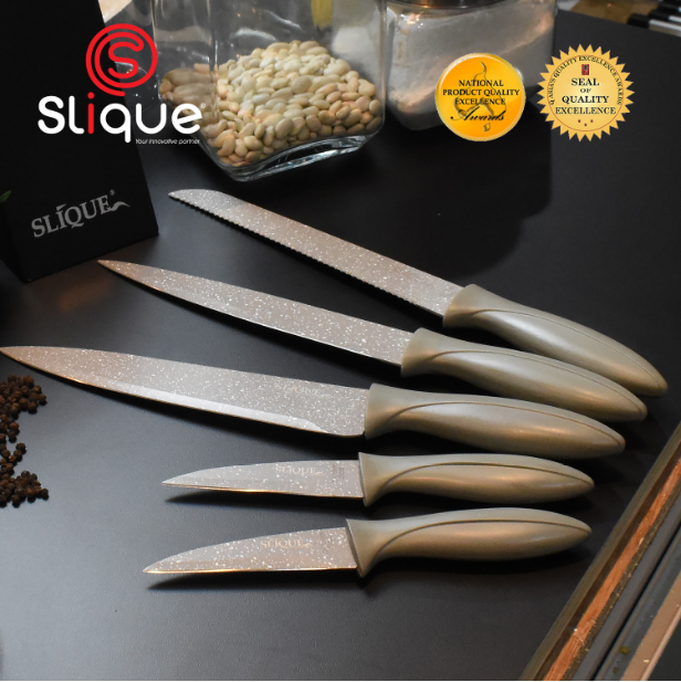 SLIQUE Premium Stainless Steel Non-Stick Kitchen Knife Set Set of 5 Amazing Gift Idea For Any Occasion! (Grey)