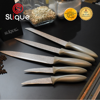 SLIQUE Premium Stainless Steel Non-Stick Kitchen Knife Set Set of 5 Amazing Gift Idea For Any Occasion! (Grey)