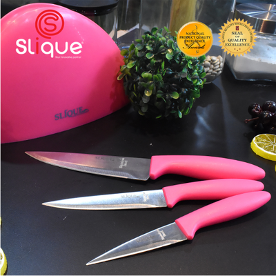 SLIQUE Premium Stainless Steel Kitchen Knife Block Set of 3 Amazing Gift Idea For Any Occasion! (Pink)