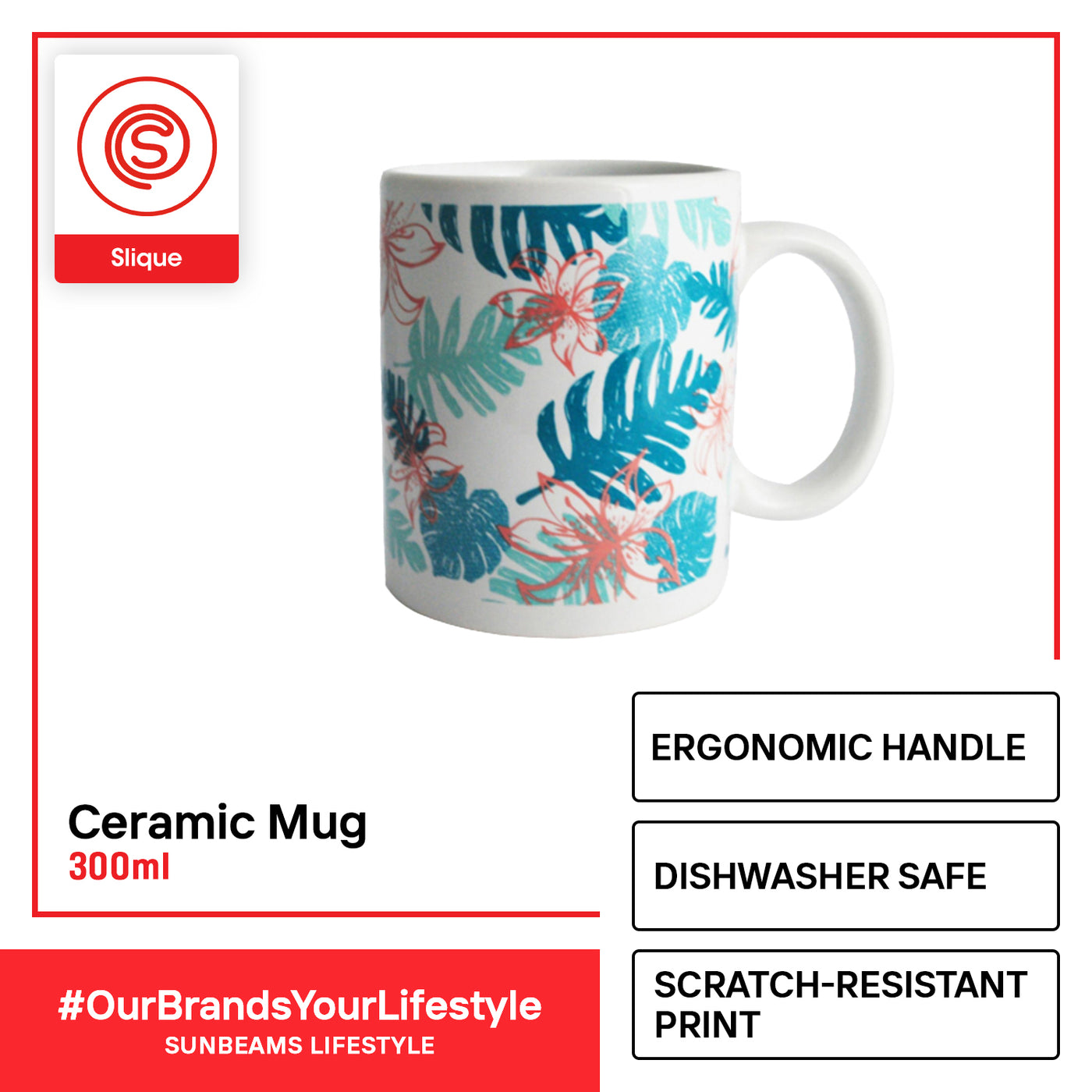 SLIQUE Premium Ceramic Mug Limited Edition Design 300ml Amazing Gift Idea For Any Occasion! (Tropical Blue Leaves)